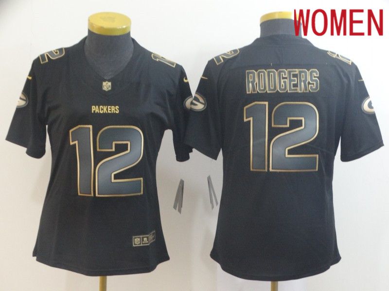 Women Green Bay Packers 12 Rodgers Nike Vapor Limited Black Golden NFL Jerseys
